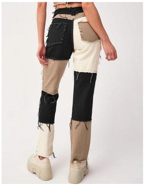 High-Waist Patchwork Jeans