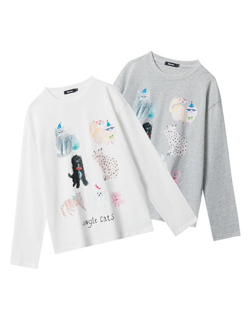 Cute Cat Print Casual Long Sleeve Top
