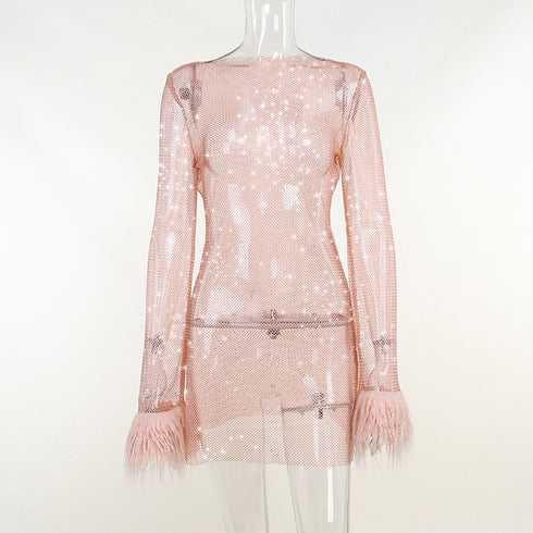 Glitter Mesh Sheer Dress with Fuzzy Trim Fashionable One Piece for Women