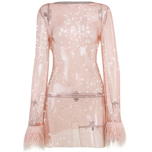 Glitter Mesh Sheer Dress with Fuzzy Trim Fashionable One Piece for Women