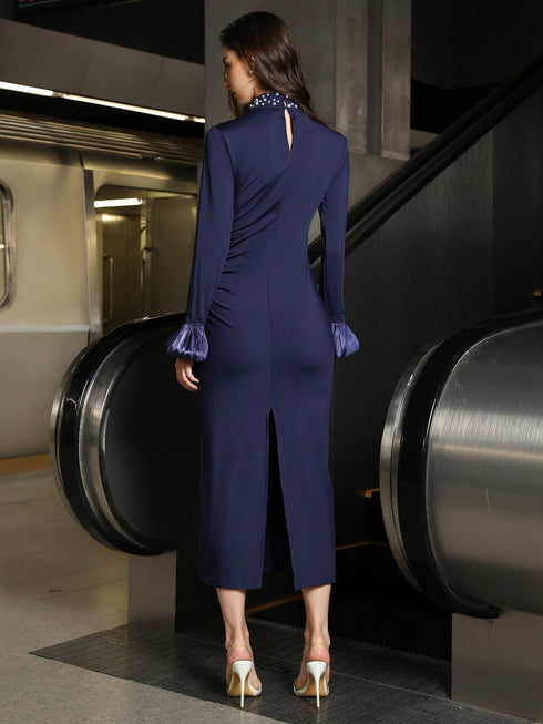 Slim-Fit Pearl Collar Midi Dress