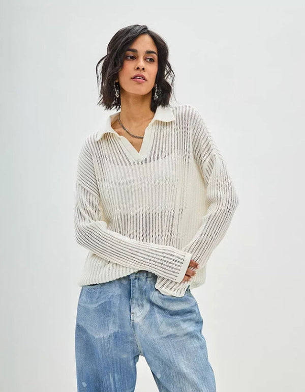Textured Open-Knit Polo Top
