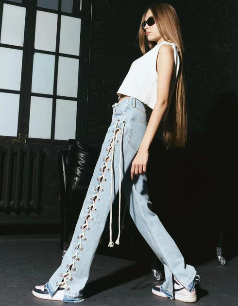 Lace Up Straight Jeans