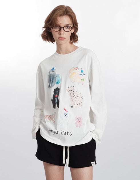 Cute Cat Print Casual Long Sleeve Top