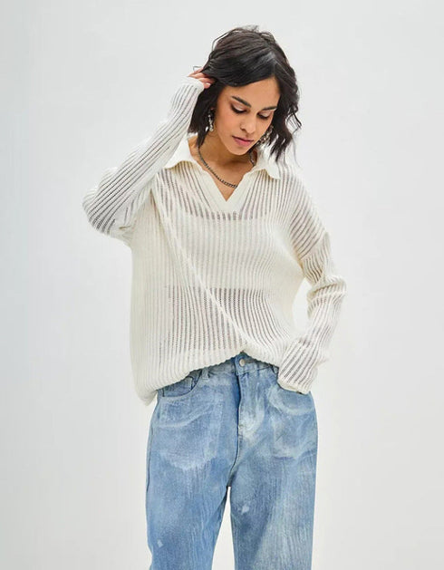 Textured Open-Knit Polo Top