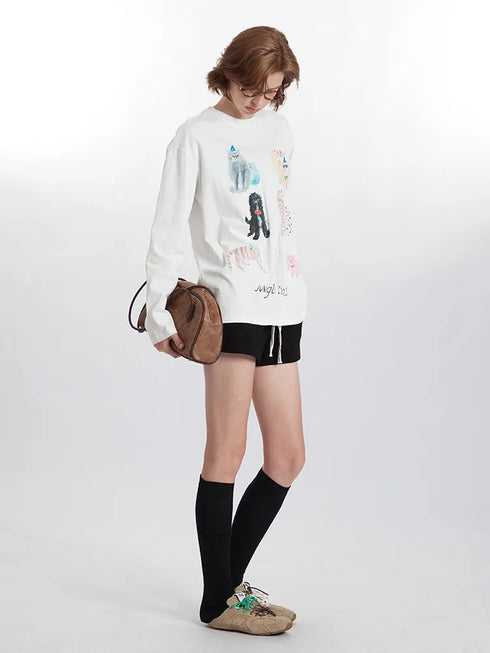 Cute Cat Print Casual Long Sleeve Top