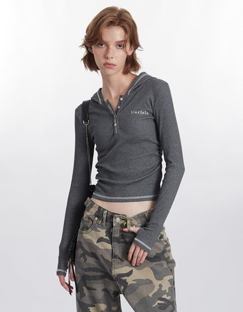 Slim Fit Button Hooded Long Sleeve Top