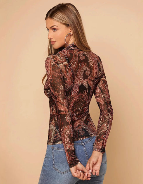 Paisley Mesh Long Sleeve Top