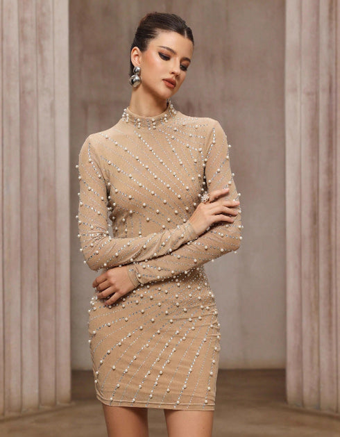 Pearl & Rhinestone Mesh Mini Dress