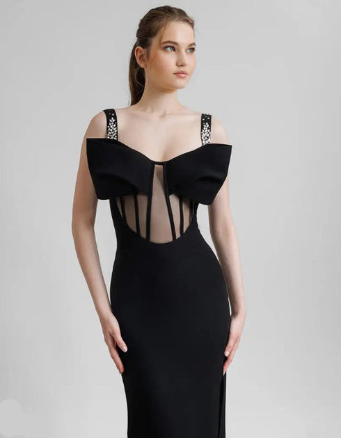 Black Studded Bow Long Dress