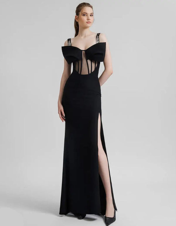 Black Studded Bow Long Dress