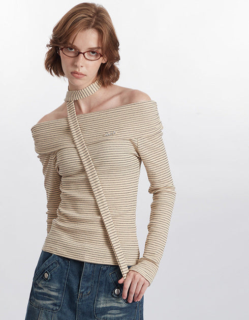Off-Shoulder Striped Long Sleeve Top