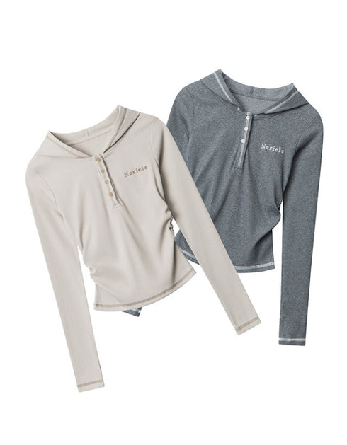 Slim Fit Button Hooded Long Sleeve Top