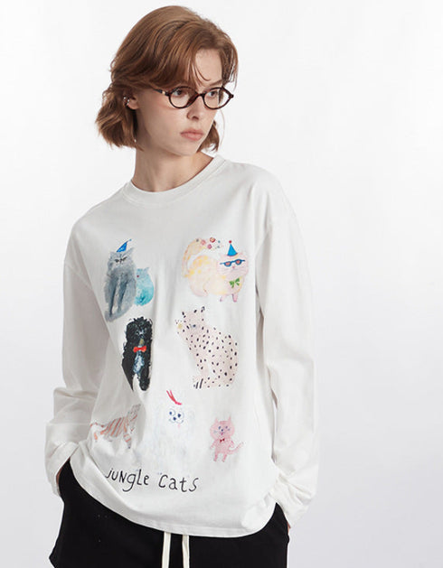Cute Cat Print Casual Long Sleeve Top