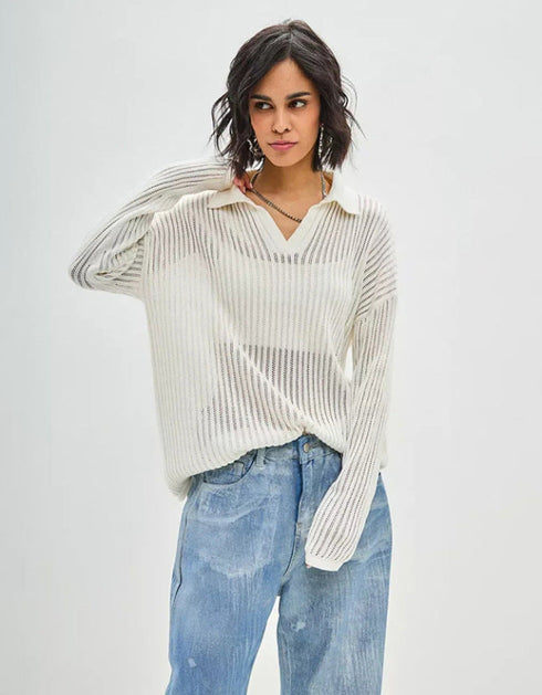 Textured Open-Knit Polo Top