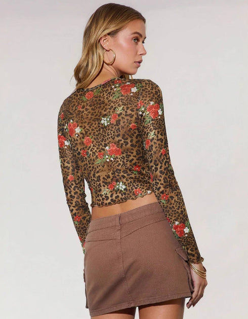 Leopard & Floral Mesh Long Sleeve Top