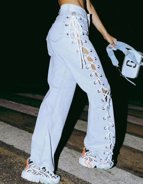 Lace Up Straight Jeans