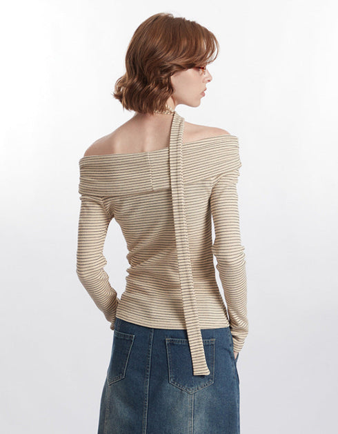 Off-Shoulder Striped Long Sleeve Top